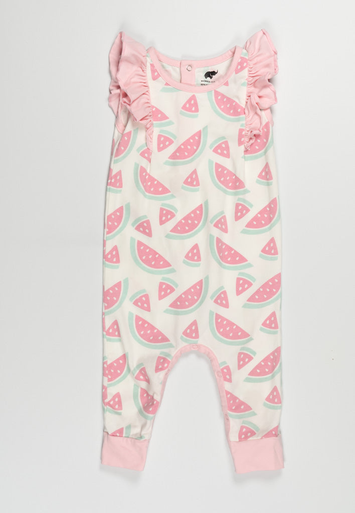 Monica + Andy Watermelon Printed Flutter Sleeve Onesie