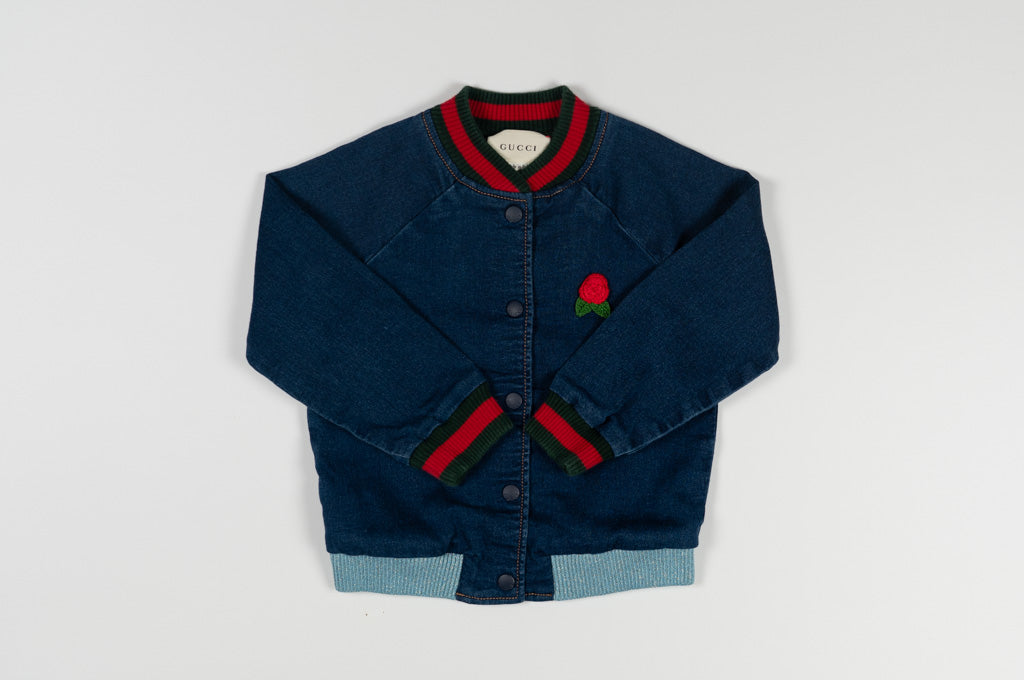 Gucci Denim Bomber Jacket w/ Rose Applique