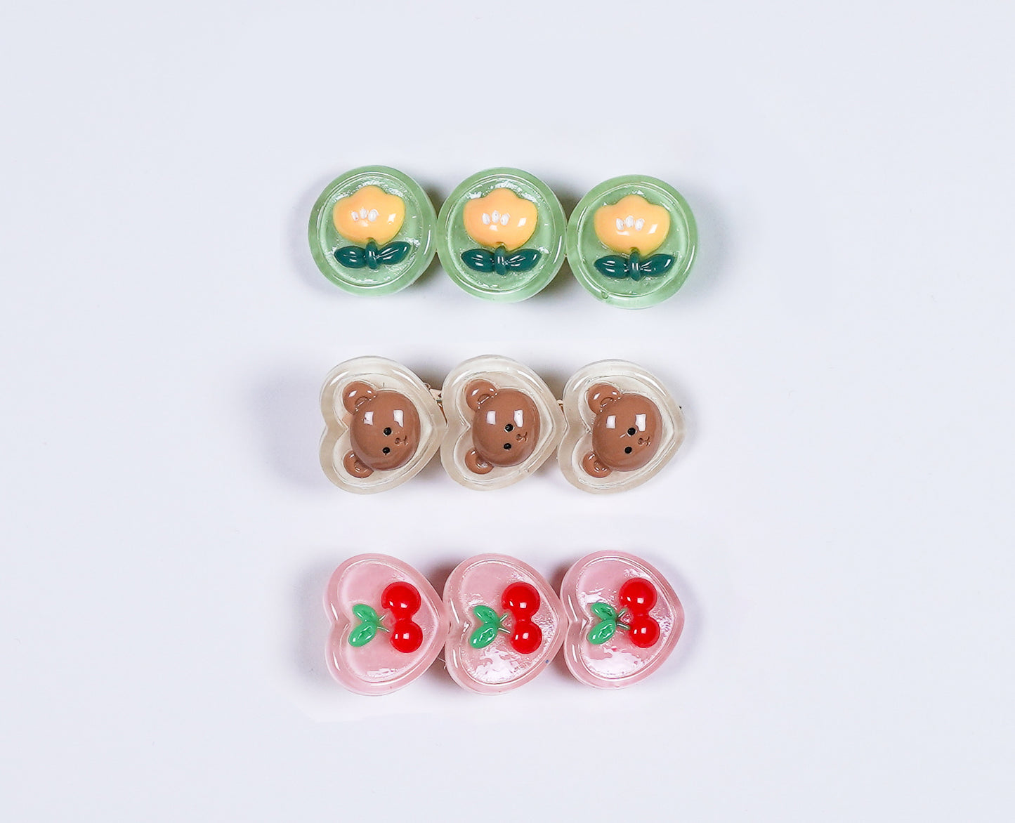 CHERRY & BEAR GARDEN SET 3 PC ENAMEL HAIR PINS